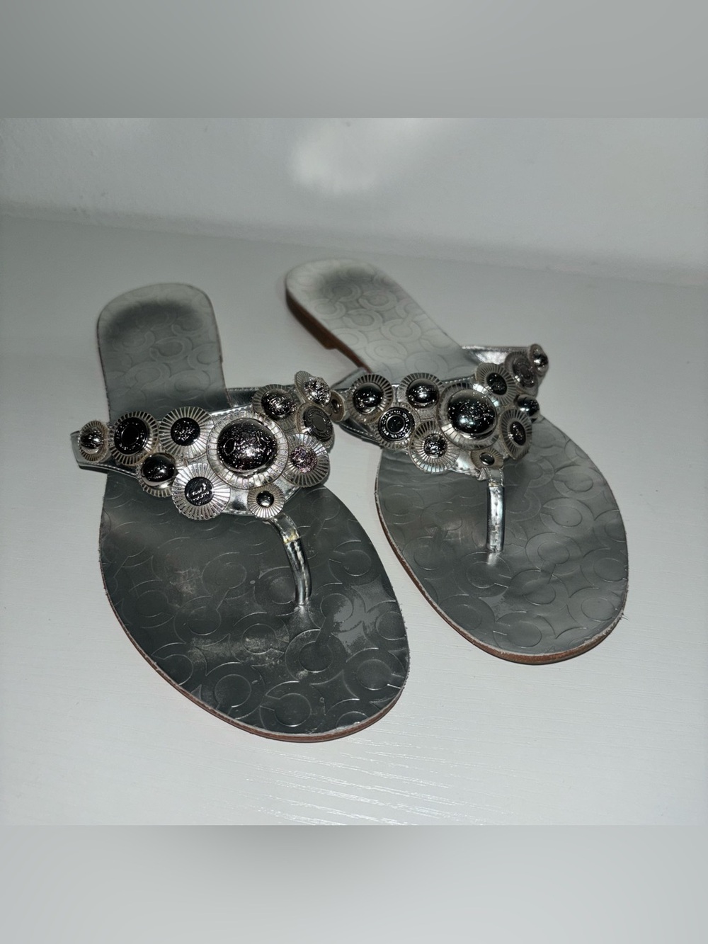 Coach Silver Embellished Thong Sandals